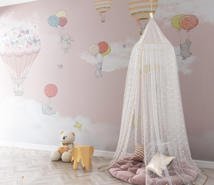 Fototapeta v jemných barvách Balónky na růžovém pozadí do dětského pokoje - hlavní obrázek produktu