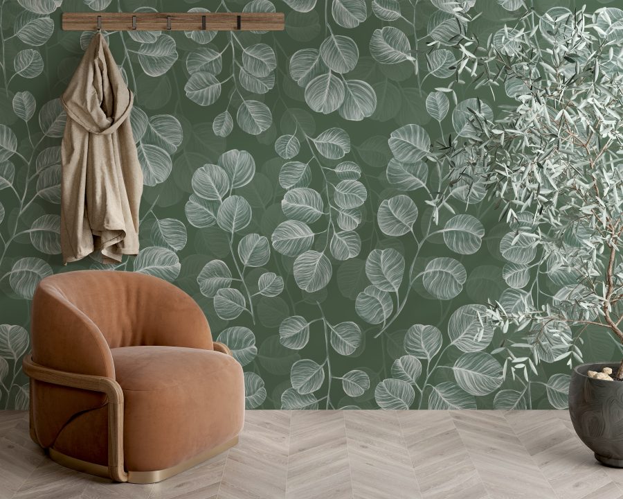 Uklidňující květinový motiv na zdi White Leaves in Green - hlavní obrázek produktu