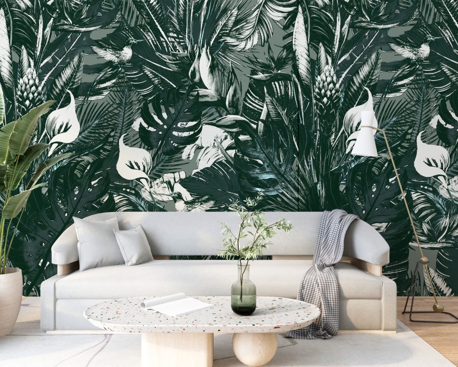 Květinová nástěnná malba ideální pro skandinávský styl Tmavě zelená - hlavní obrázek produktu