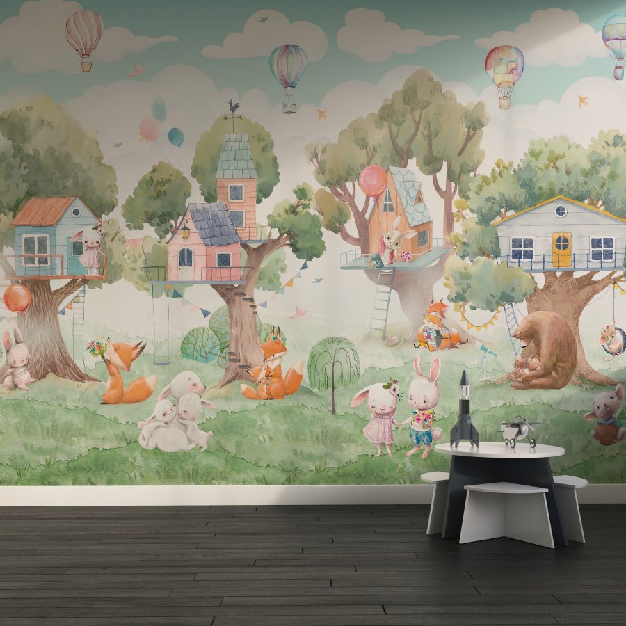 Nástěnná malba s pohádkovou scénou ve veselých barvách Stromové domečky do dětského pokoje - hlavní obrázek produktu