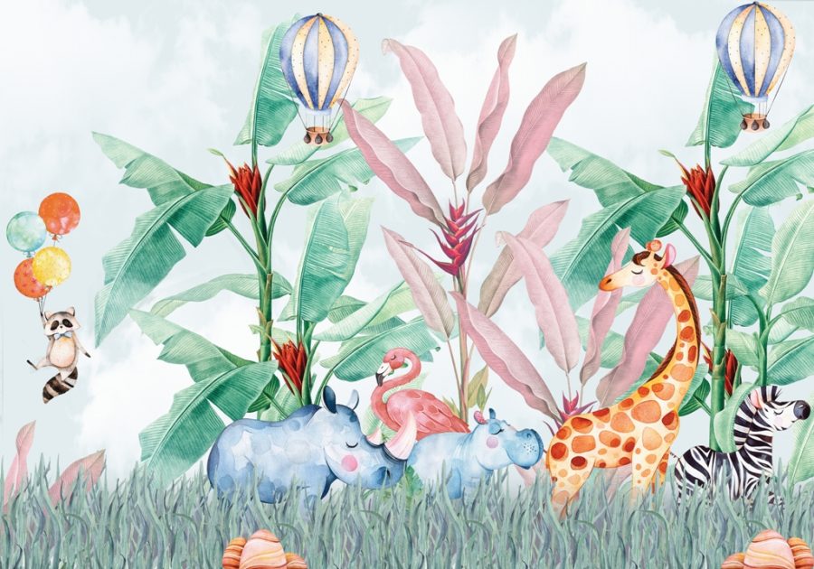 Nástěnná malba v živých a veselých barvách s motivem exotických rostlin a zvířat Barevná džungle pro děti - obrázek číslo 2