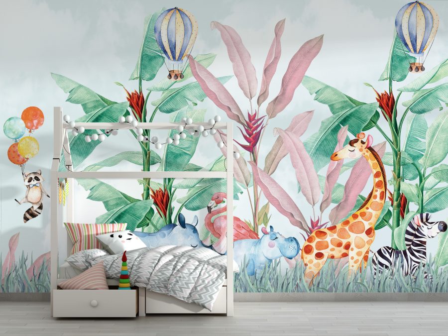 Nástěnná malba v živých a veselých barvách s motivem exotických rostlin a zvířat Barevná džungle pro děti - hlavní obrázek produktu