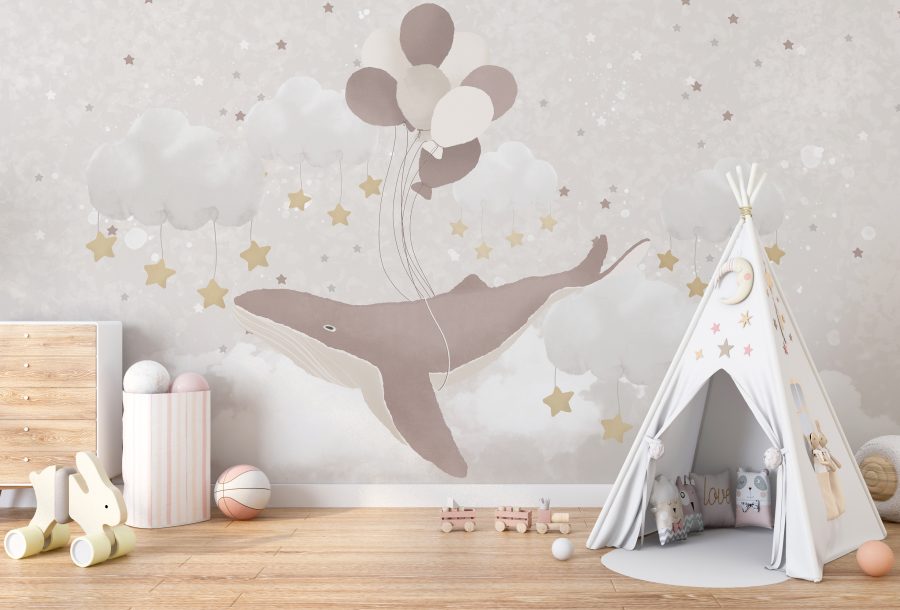 Nástěnná malba do dětského pokoje v jemných tónech Létající kytovec - hlavní obrázek produktu