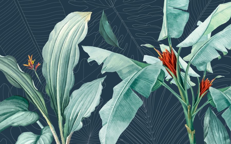 Nástěnná malba v exotické zelené a červené barvě Listy a květiny - obrázek číslo 2