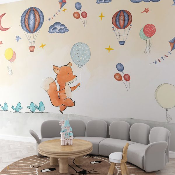 Nástěnná malba lišky s balónkem