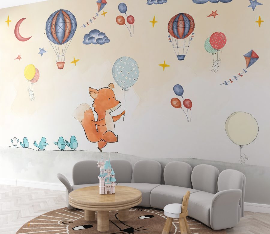 Fototapeta ve veselých barvách se zvířaty a balónky do dětského pokoje Liška s balónkem - hlavní obrázek produktu