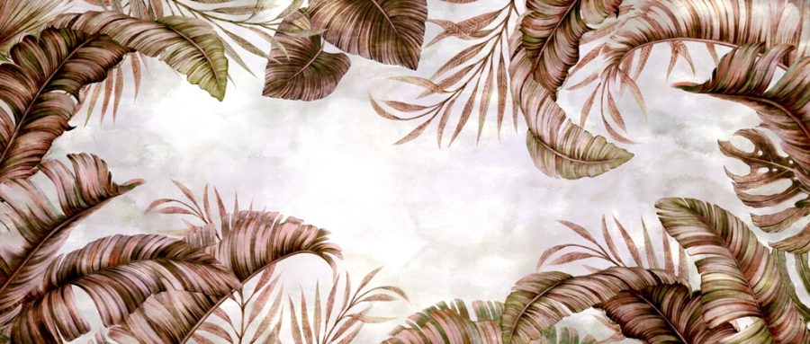 Nástěnná malba exotických listů tvořící rám pro mraky Nebe v hnědých listech - obrázek číslo 2
