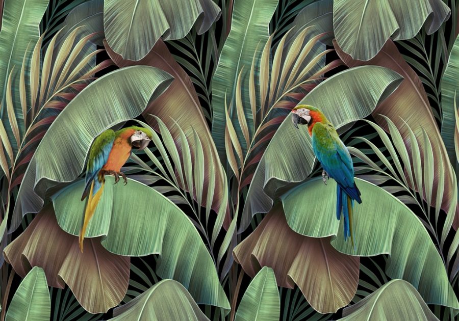 Fototapeta w formacie 3D z tropikalnymi liśćmi i ptakami Papugi w Liściach - zdjęcie numer 2