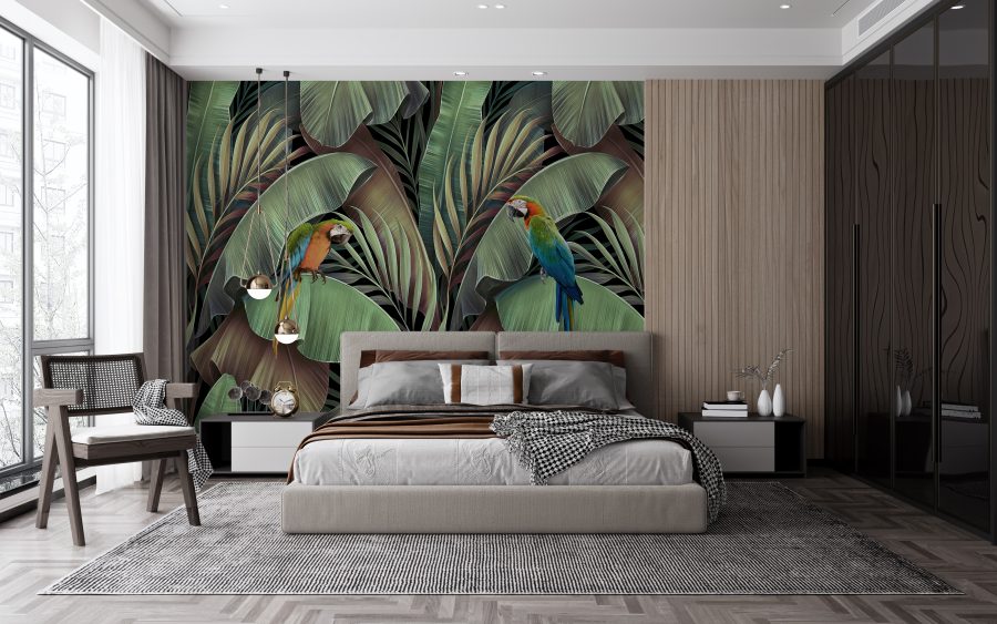 3D nástěnná malba s tropickými listy a ptáky Papoušci v listí - hlavní obrázek produktu