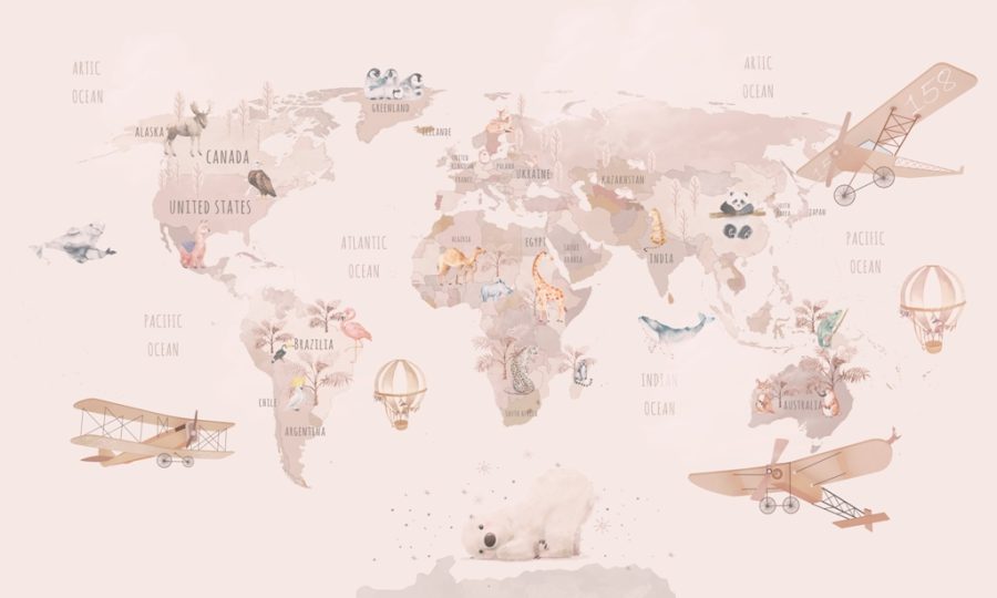 Nástěnná malba s kontinenty a zvířaty Pink World Map - obrázek produktu číslo 2