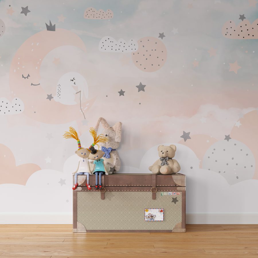 Nástěnná malba v jemných barvách s převažující růžovou a modrou Pink Moon pro dětský pokoj - hlavní obrázek produktu