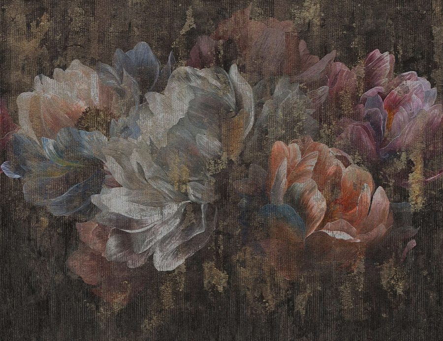 Nástěnná malba v tlumených barvách s kyticí květin s viditelnou strukturou Tkanina v Pivoňkách - obrázek číslo 2