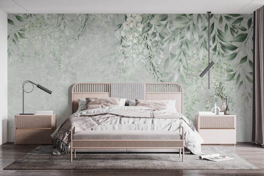 Fototapeta s jemným květinovým motivem ideální do ložnice Green Leaves - hlavní obrázek produktu