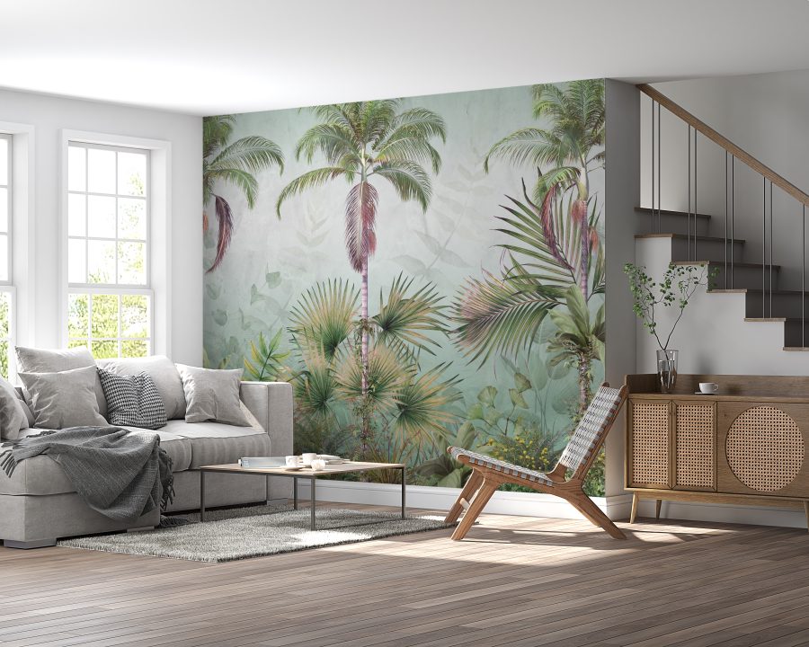 Nástěnná malba tropické džungle v jemných barevných tónech Green Palms - hlavní obrázek produktu