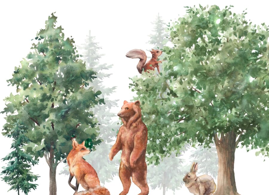 Nástěnná malba v jasných barvách s divokými zvířaty a zelenými stromy Forest Wildlife - obrázek číslo 2