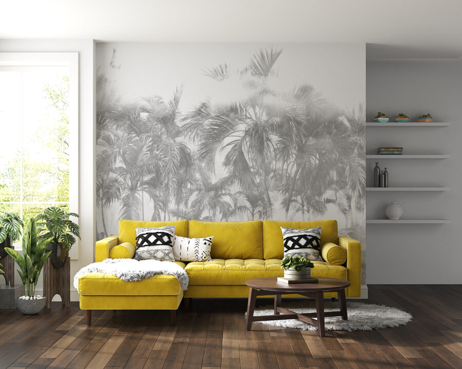 Nástěnná malba ve dvou tlumených tónech s motivem tropické džungle Palms in White - hlavní obrázek produktu