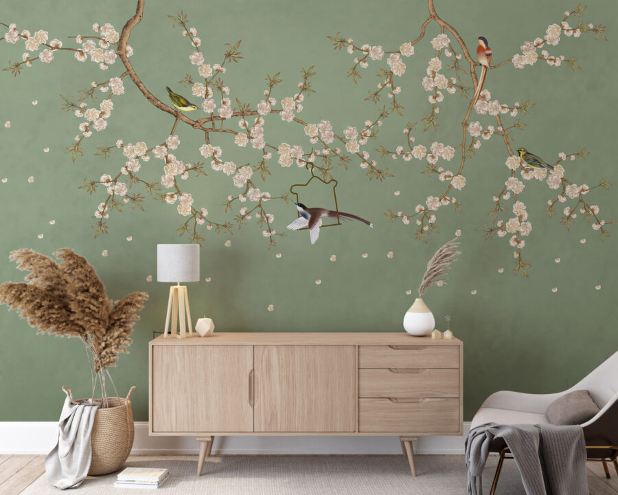 Nástěnná malba v elegantních odstínech zelené s asijským motivem Ptáci v třešňových květech - hlavní obrázek produktu