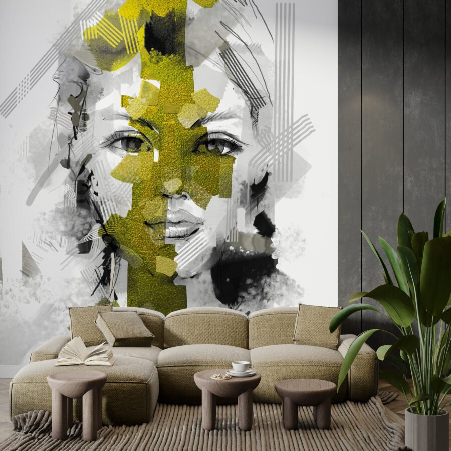 Fototapeta ženského obličeje v odstínech šedé a zelené v moderním stylu Tvář v zelené - hlavní obrázek produktu