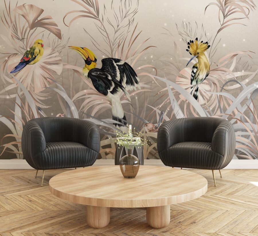 3D nástěnná malba s exotickým motivem Yellow Birds - hlavní obrázek produktu