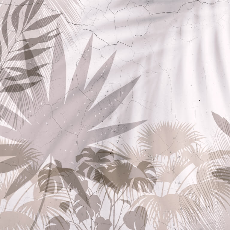 Fototapeta z tropikalnymi liśćmi na popękanej ścianie, w jasnej tonacji Cień Na Ścianie - zdjęcie numer 2