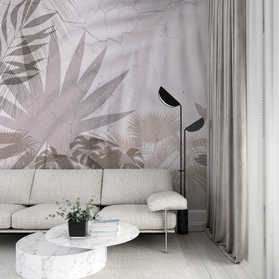 Nástěnná malba tropických listů na popraskané zdi, světlé tóny Shadow On The Wall - hlavní obrázek produktu