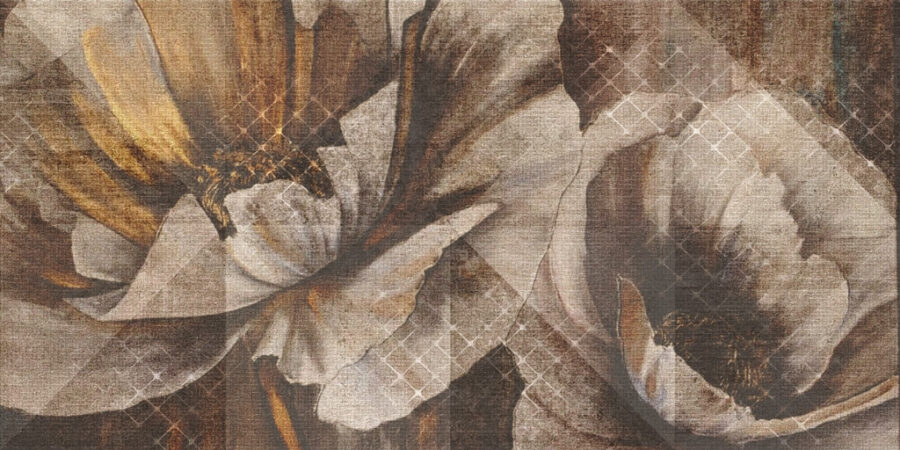 Nástěnná malba v odstínech hnědé a šedé se zlatými odlesky Velké květiny - obrázek číslo 2