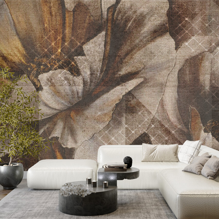Nástěnná malba v odstínech hnědé a šedé se zlatými odlesky Large Flowers - hlavní obrázek produktu