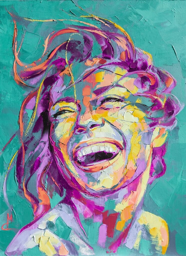Nástěnná malba s portrétem smějící se dívčí tváře v silných neonových tónech Barevná dívka - obrázek číslo 2