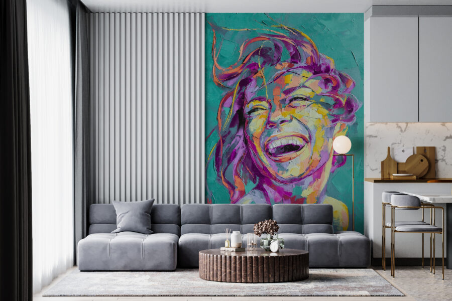 Nástěnná malba s portrétem smějící se dívčí tváře ve výrazných neonových tónech Coloured Girl - hlavní obrázek produktu