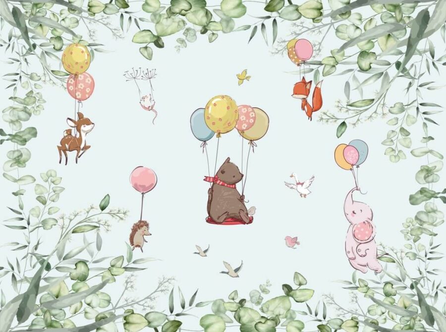 Nástěnná malba do dětského pokoje se zvířaty létajícími s balónky Barevná zvířata - druhý obrázek produktu