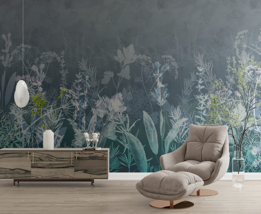 Nástěnná malba s motivem rostlin v tmavě tmavě modré barvě Meadow in 3D - hlavní obrázek produktu