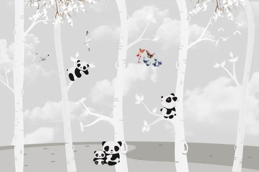 Nástěnná malba v tlumených tónech pro dětský pokoj Pandy na stromech - obrázek číslo 2