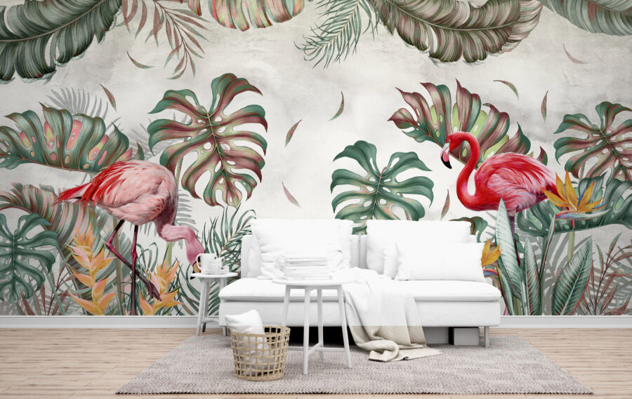 Nástěnná malba s tropickými listy a párem exotických barevných ptáků Pár plameňáků - hlavní obrázek produktu