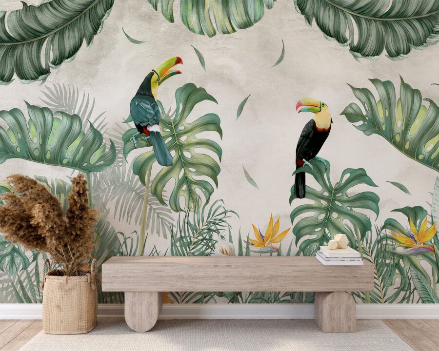 Nástěnná malba s exotickými ptáky a velkými listy Pár tukanů - hlavní obrázek produktu