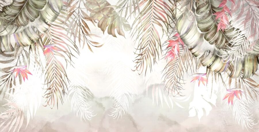 Nástěnná malba tropické flóry v tlumených tónech s růžovými akcenty Pink Leaves - číslo obrázku 2