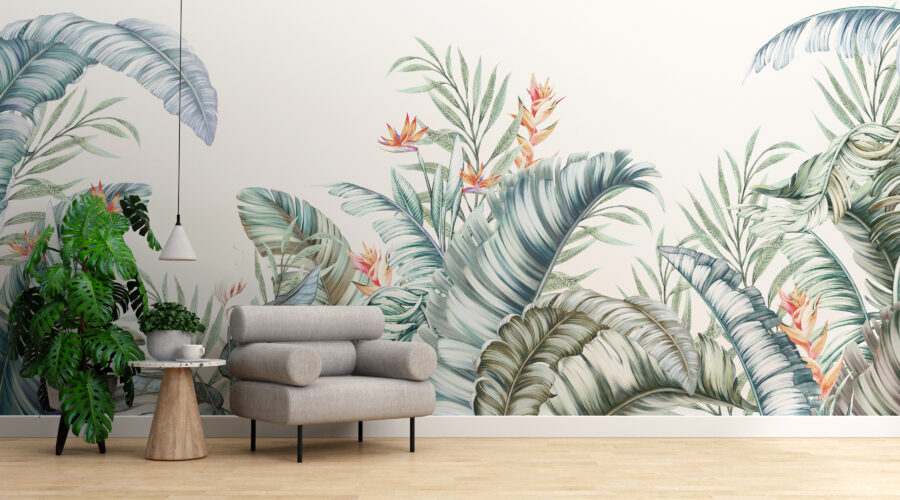 Nástěnná malba s exotickou flórou v jemných barvách na světlém pozadí ideální pro moderní pokoje Plant Graphics - hlavní obrázek produktu