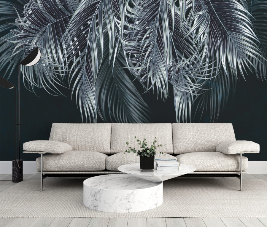 3D nástěnná malba s motivem palmových listů ve stříbrných a černých odstínech Silver Palm - hlavní obrázek produktu