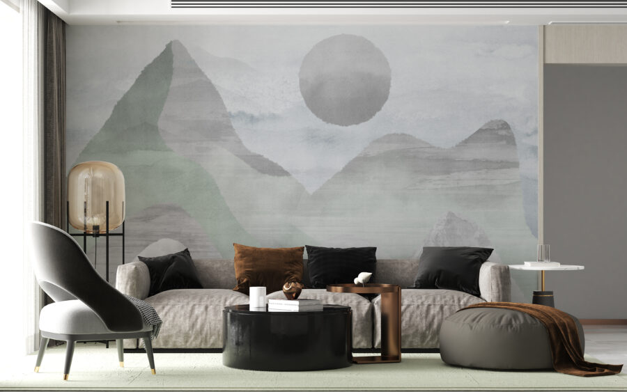 Fototapeta v tlumených tónech a s motivem vysokých hor a měsíce Grey Mountains - hlavní obrázek produktu