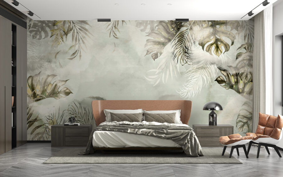 Nástěnná malba tropických listů na ocelově šedé zatažené obloze Grey Sky - hlavní obrázek produktu