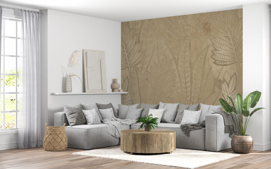 Teplá nástěnná malba s osvědčeným motivem exotické flóry do obývacího pokoje Beige Tropical Leaves - hlavní obrázek produktu