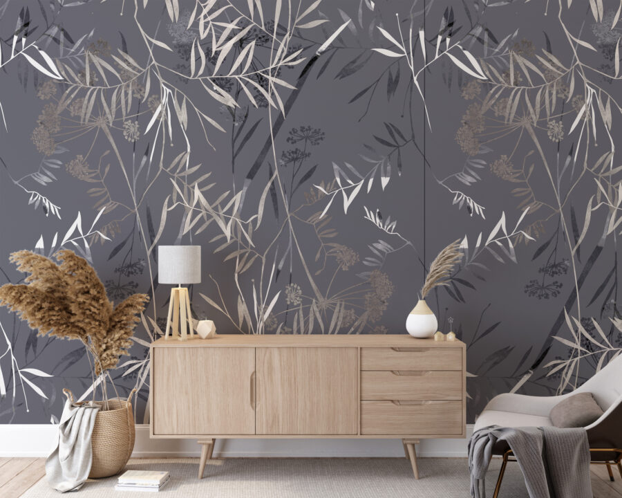 Fototapeta s motivem jemných listů na pevném pozadí, elegantní tapeta do každého interiéru White Leaves in Pomegranate - hlavní obrázek produktu