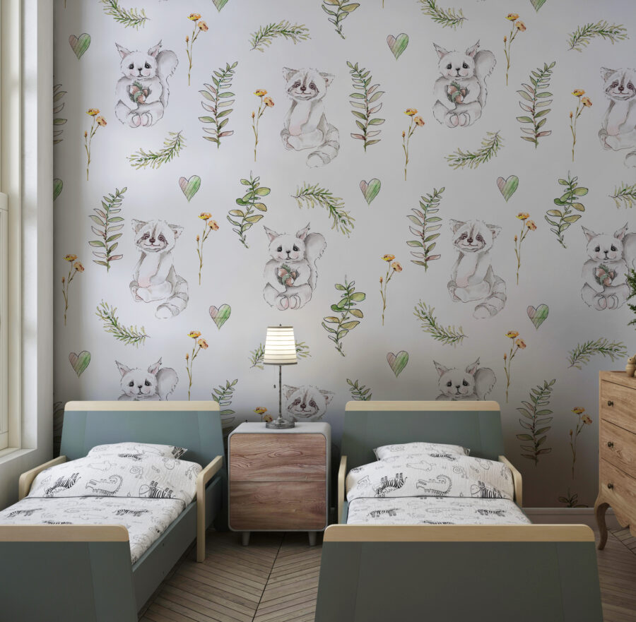 Nástěnná kresba s rostlinným a zvířecím motivem na světlém pozadí ideální do dětského pokoje i ložnice White Animals - hlavní obrázek produktu