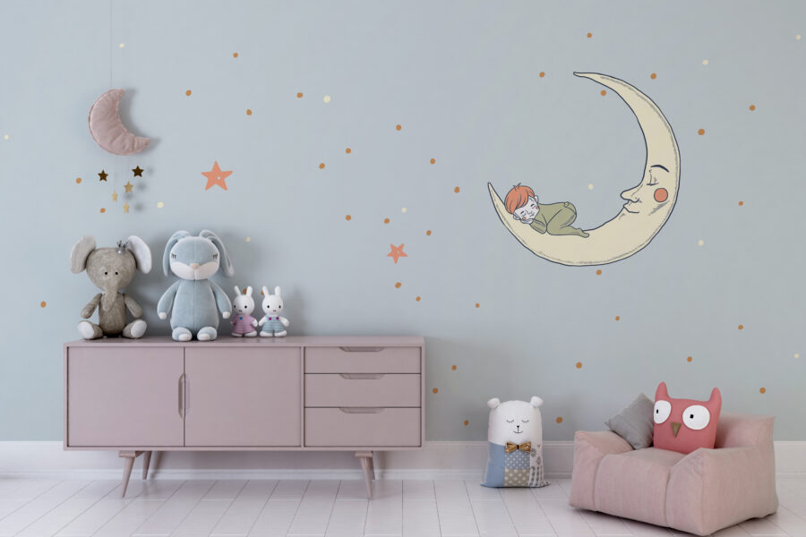 Fototapeta s motivem oblohy v tlumených barvách ideální do chlapeckého pokoje Chlapec spí na měsíci - hlavní obrázek produktu