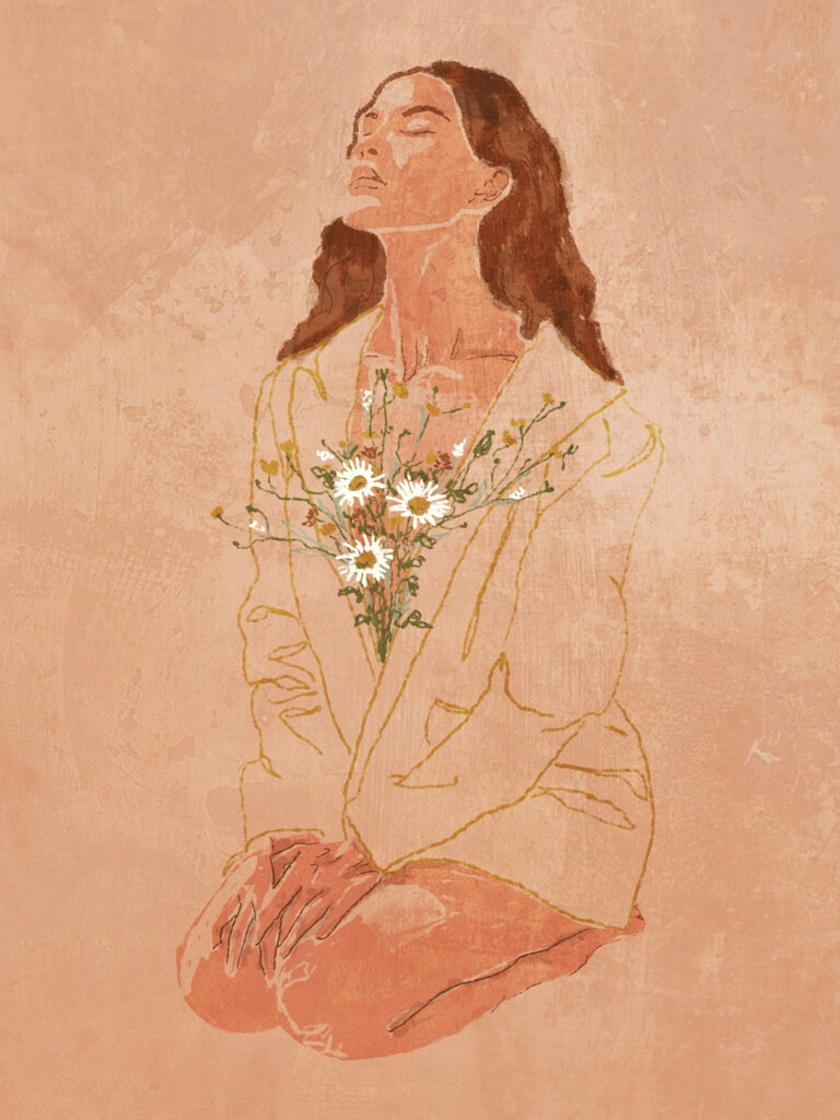 Portrétní nástěnná malba ženy v teplých hnědých barvách Dívka s kyticí květin - obrázek číslo 2