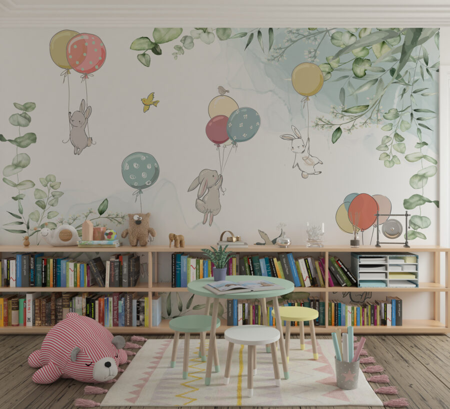 Fototapeta ve veselých barvách ideální do dětského pokoje Bunnies and Balloons - hlavní obrázek produktu