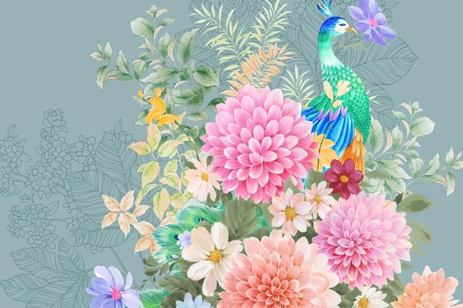 Nástěnná malba v živých barvách s jasným květinovým motivem a elegantním ptákem pávem v květech - obrázek číslo 2