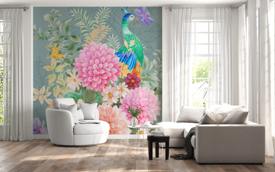 Nástěnná malba v živých barvách s jasným květinovým motivem a elegantním ptákem pávem v květech - hlavní obrázek produktu