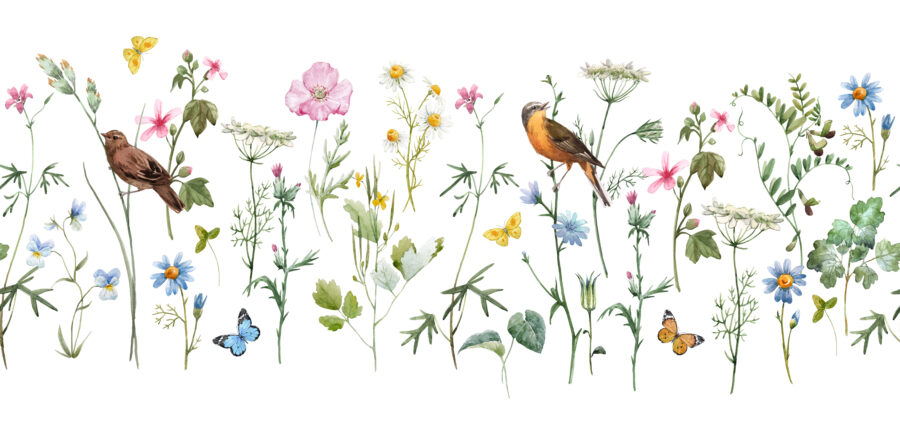 Nástěnná malba na světlém pozadí s rozkvetlou loukou Ptáci v květech - obrázek číslo 2