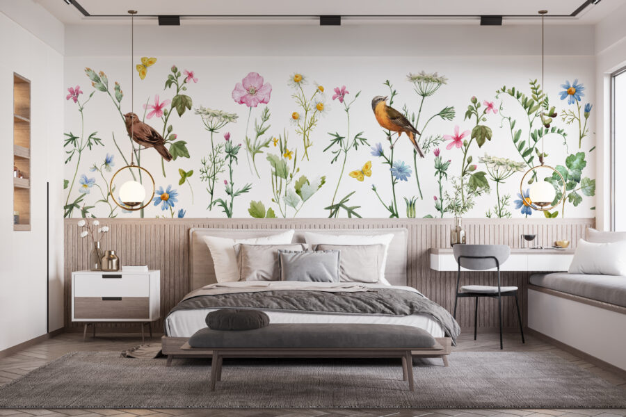 Nástěnná malba na světlém pozadí s rozkvetlou loukou Ptáci v květech - hlavní obrázek produktu