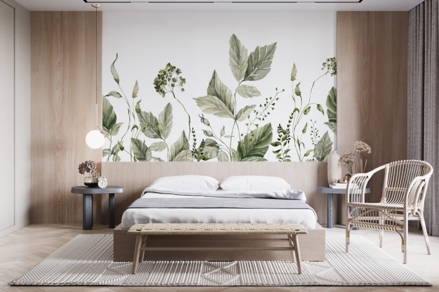 Nástěnná malba s jemným zeleným rostlinným motivem na světlém pevném pozadí Rostliny na bílém pozadí - hlavní obrázek produktu